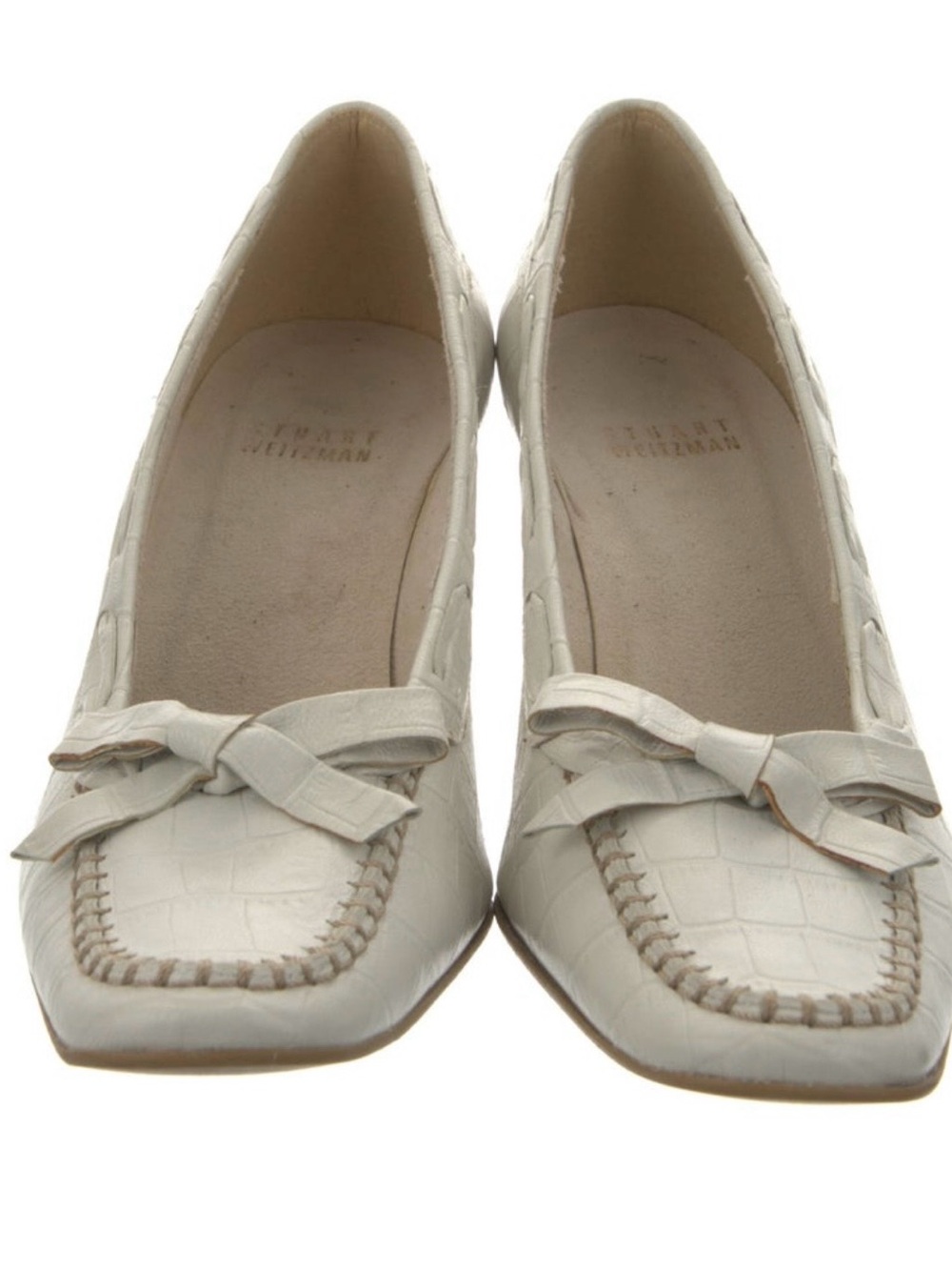 Stuart Weitzman Ivory Croc Embossed Bow Pumps Kitten Heel 6.5